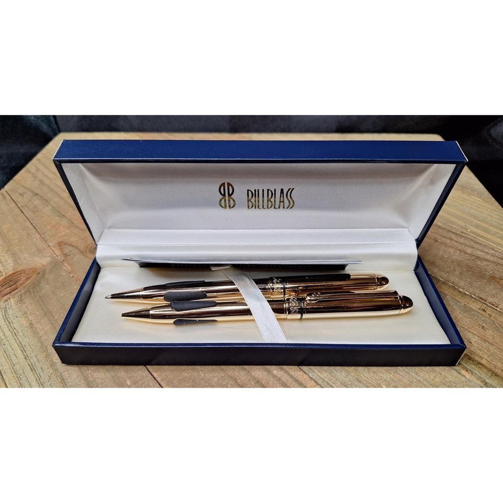 1980s-90s Bill Blass Gold Tone Ballpoint Pen and Mechanical Pencil Set with Case